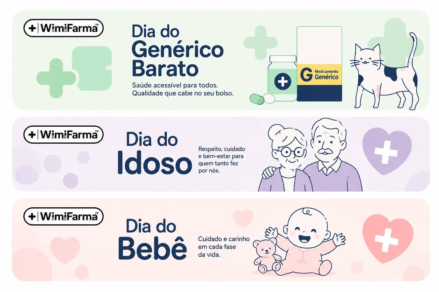 Faixas de campanha Wimifarma: generico barato, dia do idoso e dia do bebe